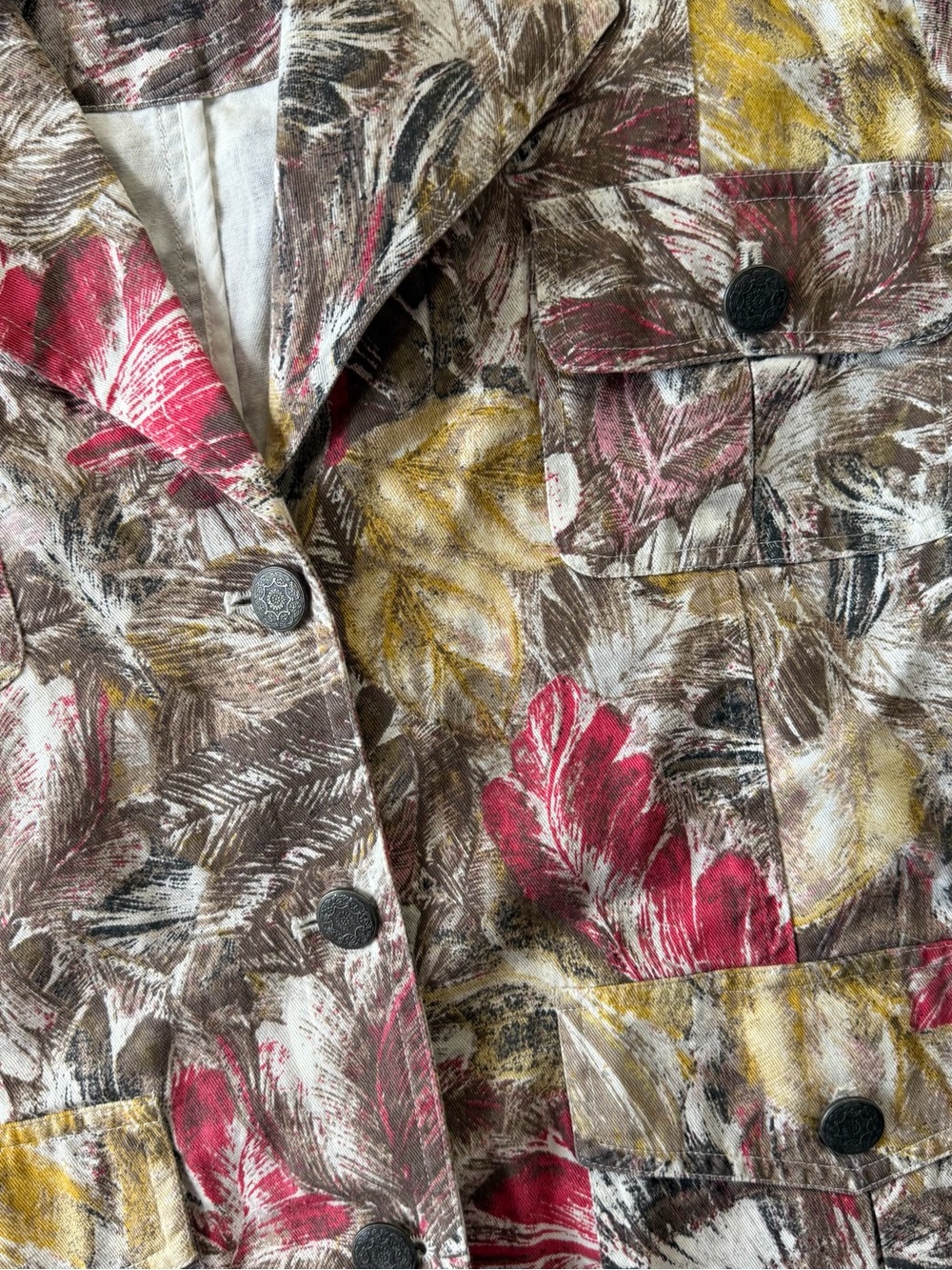 Chico's Multicolor Leaf-Print Jean Jacket — Brown, Red & Yellow - Picture 9 of 16